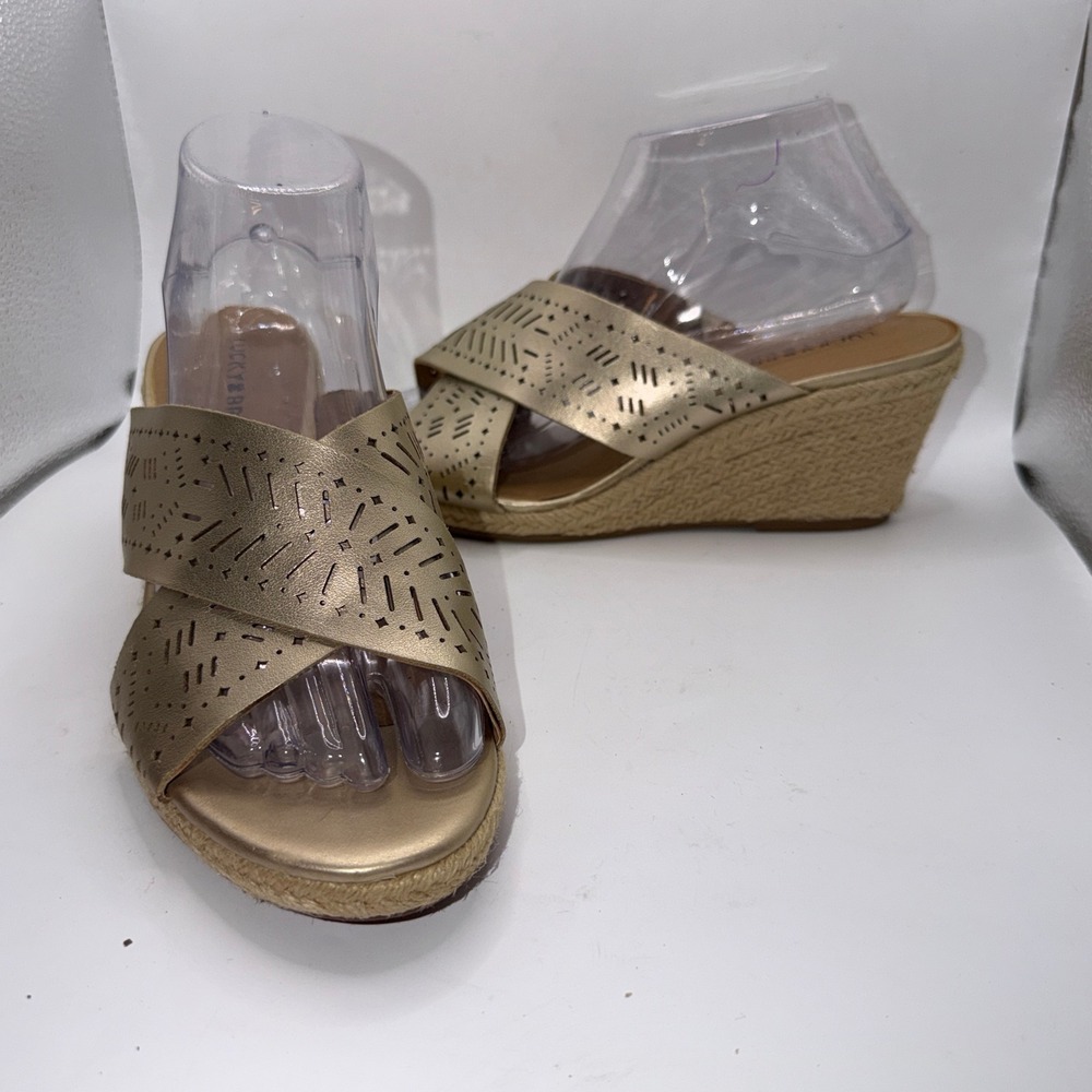 Lucky Brand W(9) Keela Gold Laser Cut Espadrille Wedge Sandals Boho Summer Glam‎
